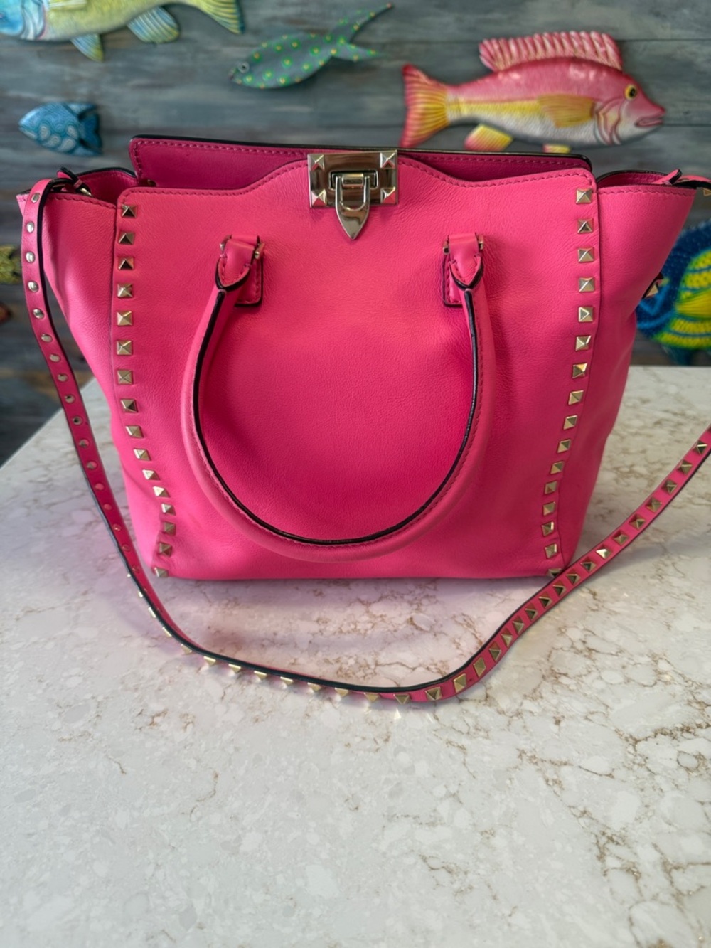 Valentino Hot Pink Rock Studded Leather Shoulder Tote